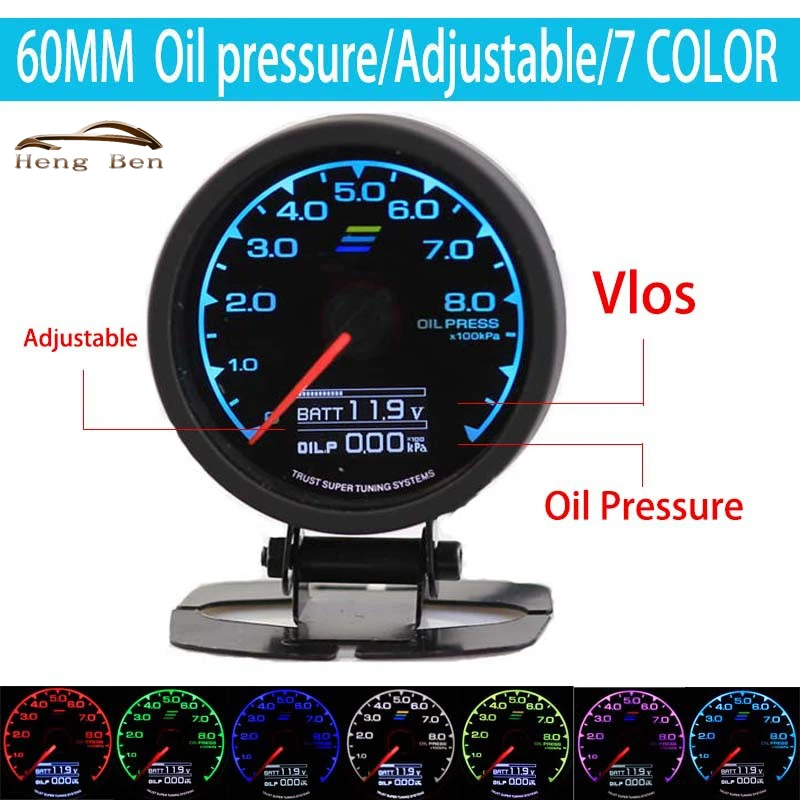 Hot Gauge Oil Press Gauge GRedi 7 Light Colors LCD Display With Voltage Oil Pressure 60mm 2.5 Inch With Sensor Racing Gauge