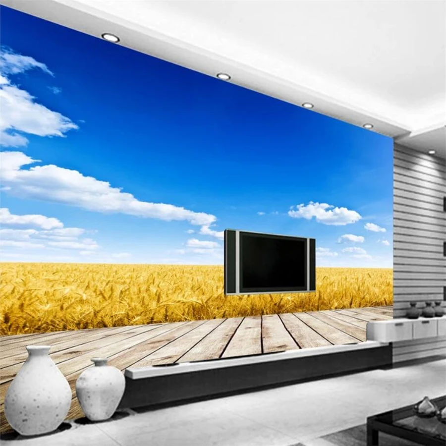 beibehang Custom wallpaper 3d mural golden wheat field blue sky white clouds TV background wall living room bedroom 3d wallpaper