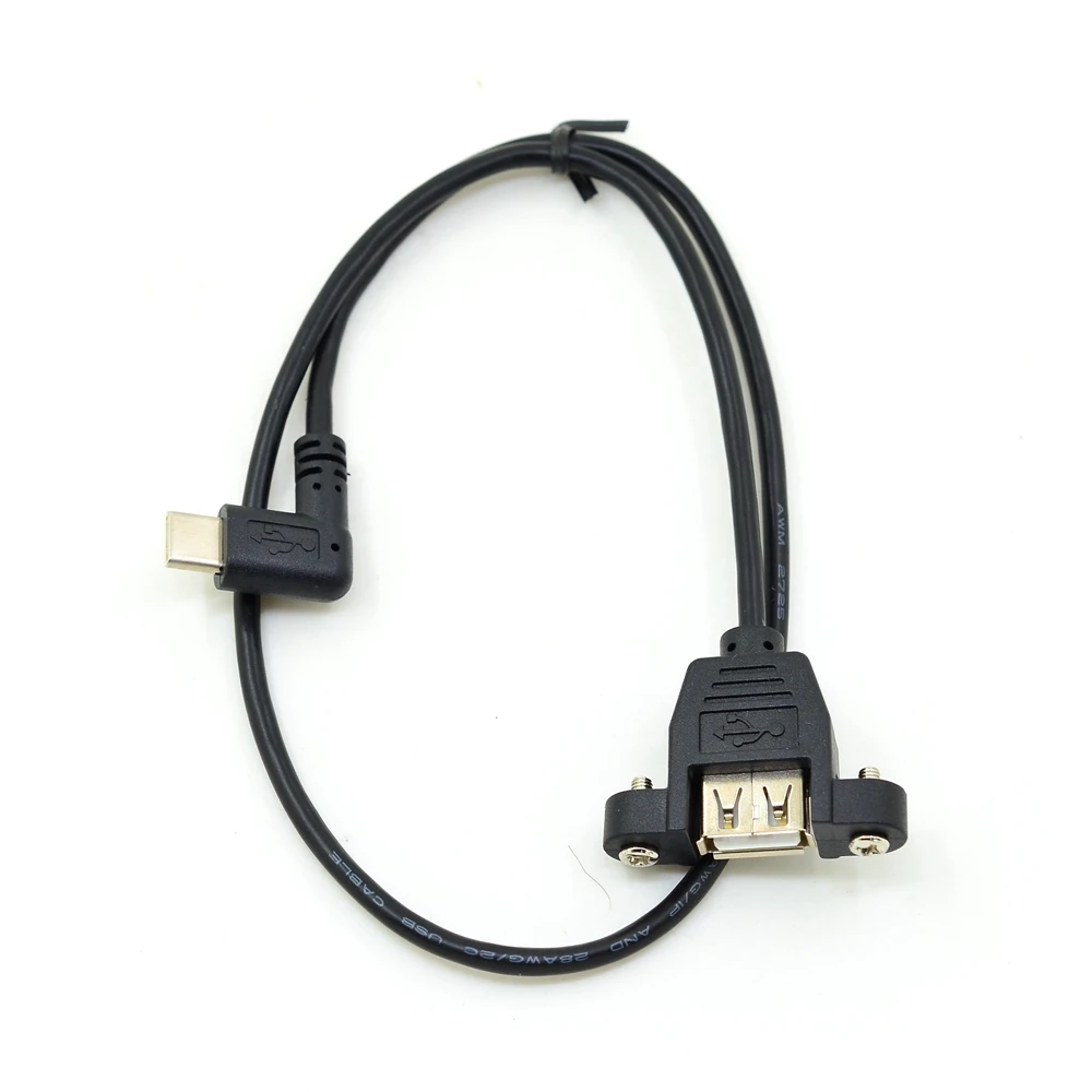 50CM Elbow USB 3.1 Type C Male angled to USB 2.0 Type A Female Panel Mount Cable 0.5m Screw design helps 28mm