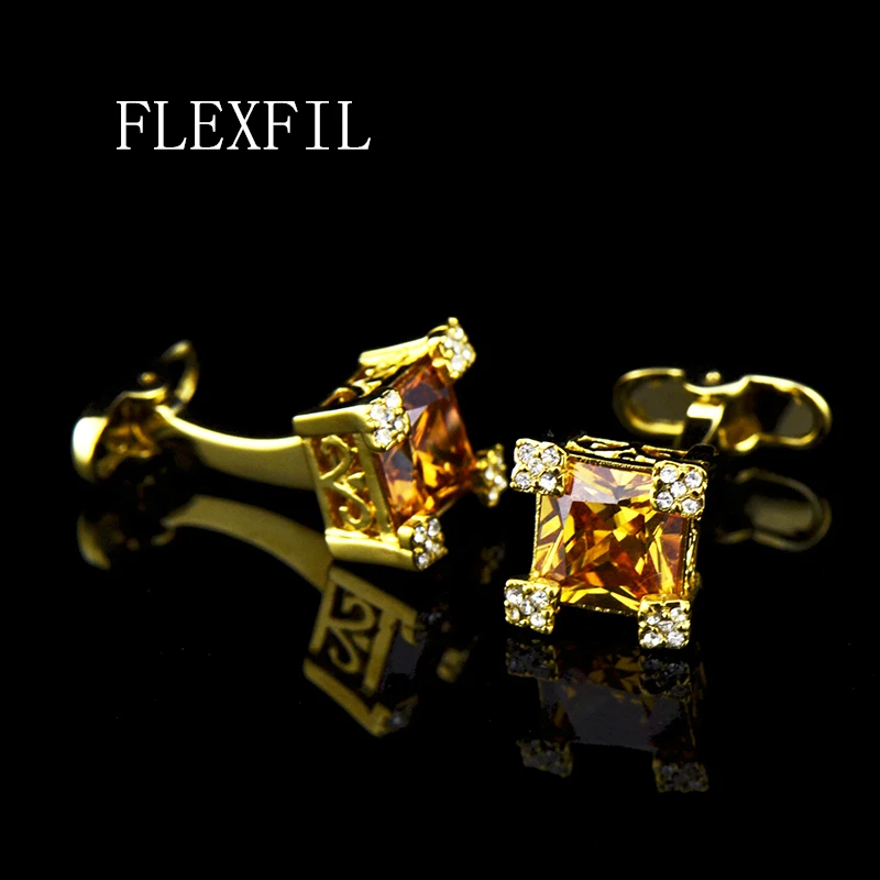 Jewelry french shirt cufflink for mens Golden flame Cuffs link Button male crystal High Quality Luxury Wedding Free Shipping