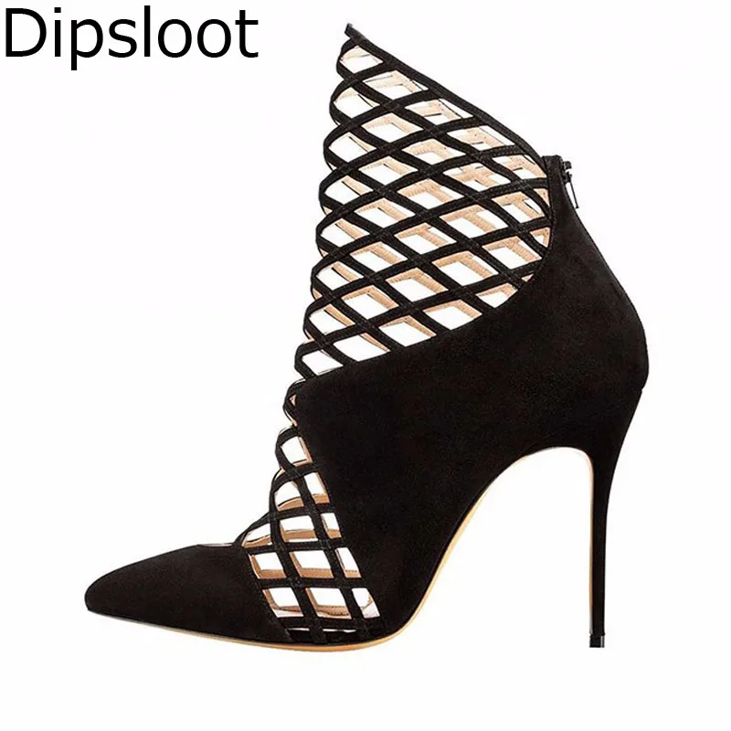 

Ladies Summer Rhombus Cut outs Ankle Boots Women Geomatric Suede Pointed toe Stiletto High Heels Hollow Sandals Bottines Shoes