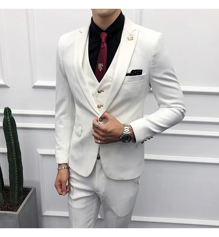 

2019 Men's Slim Fit White Suits Men Korean Style Business Suit Men Casual Party Tuxedo Suits 3 Pieces Set Jacket Vest Pants