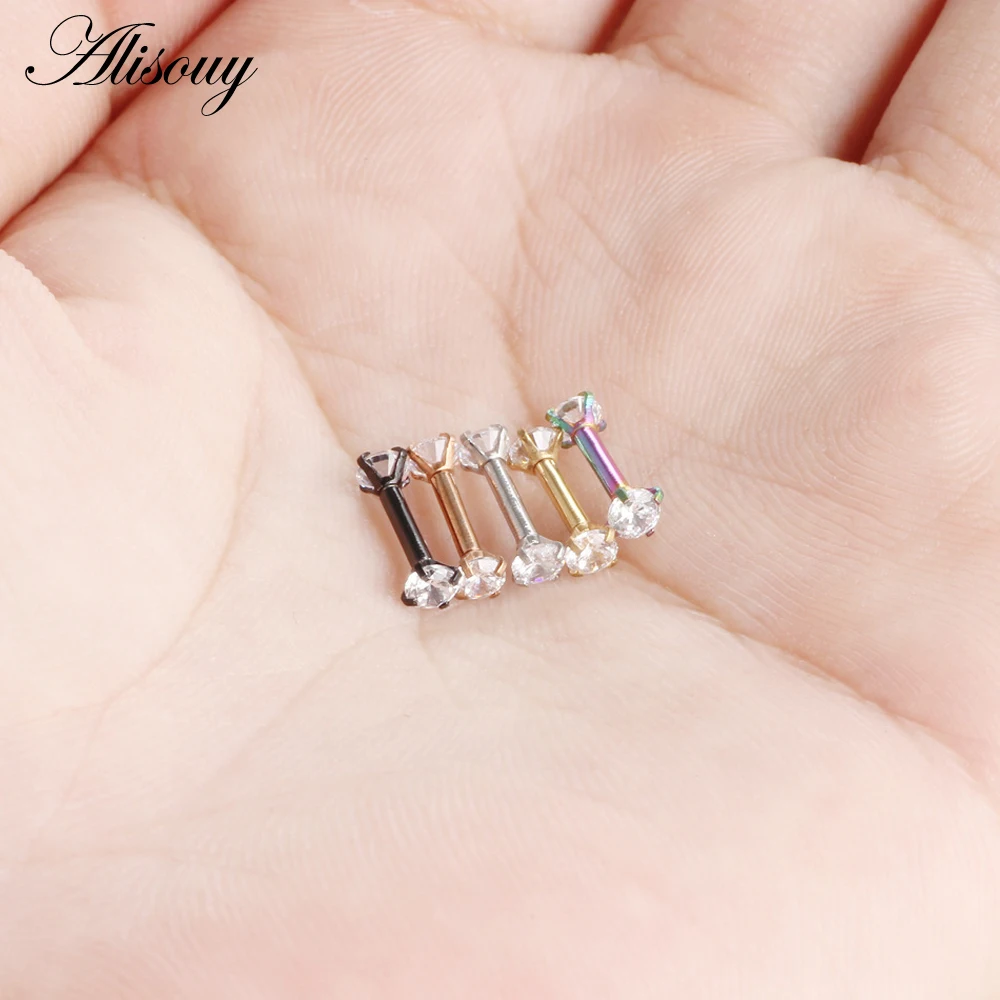 Alisouy 1pc Double Round Earring For Women Surgical Steel Bar Cartilage Piercing Crystal Zircon Rhinestone Ear Stud Bars Jewelry