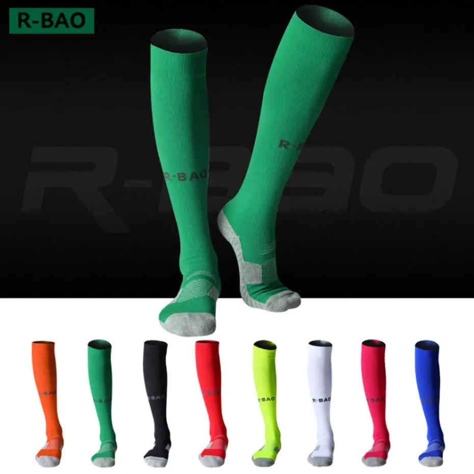 R-BAO New 1 Pair Cotton Long Soccer Socks Non-slip Sport Football Ankle Leg Shin Guard Compression Protector For Men 8 Colors