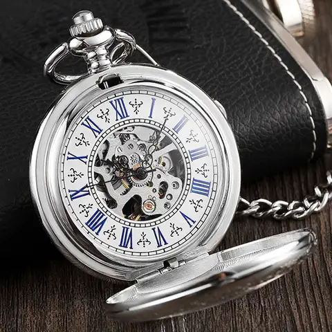 Collar de reloj de bolsillo mecánico de viento de mano Steampunk con caja grabada delicada de plata Vintage con esqueleto de cadena para hombres y mujeres