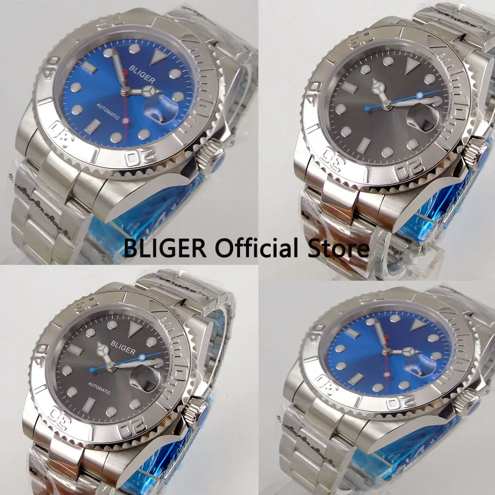 BLIGER Sapphire Crystal Silver Bezel Insert NH35A MIYOTA PT5000 Automatic Men\'s Watch Blue Hand Gray Dial Middle Polished Strap