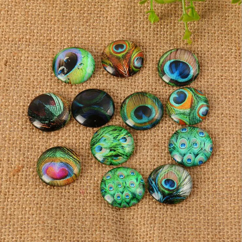 

60Pcs 8mm-35mm Peacock Feathers Round Handmade Photo Glass Cabochons & Glass Dome Cover Pendant Glass Cabochon