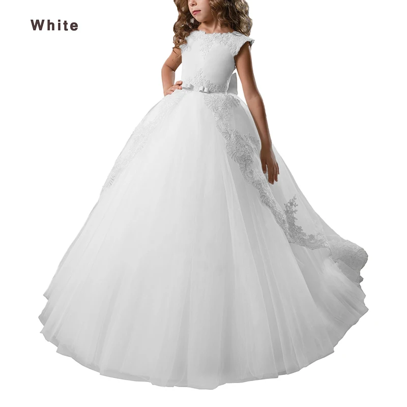 Champagne Cap Sleeves Lace Elegant Wedding Pageant Dress For Girls Bow Sweep train  Ball Gowns Lace Flower Girls Princess Dress