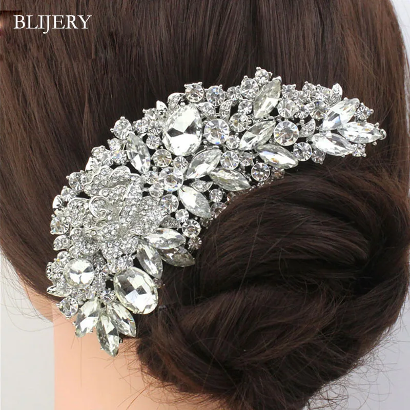 BLIJERY Vintage Large Floral Brides Hair Combs Rhinestone Crystal Women Wedding Hair Jewelry Fashion Bridal Hair Accessories