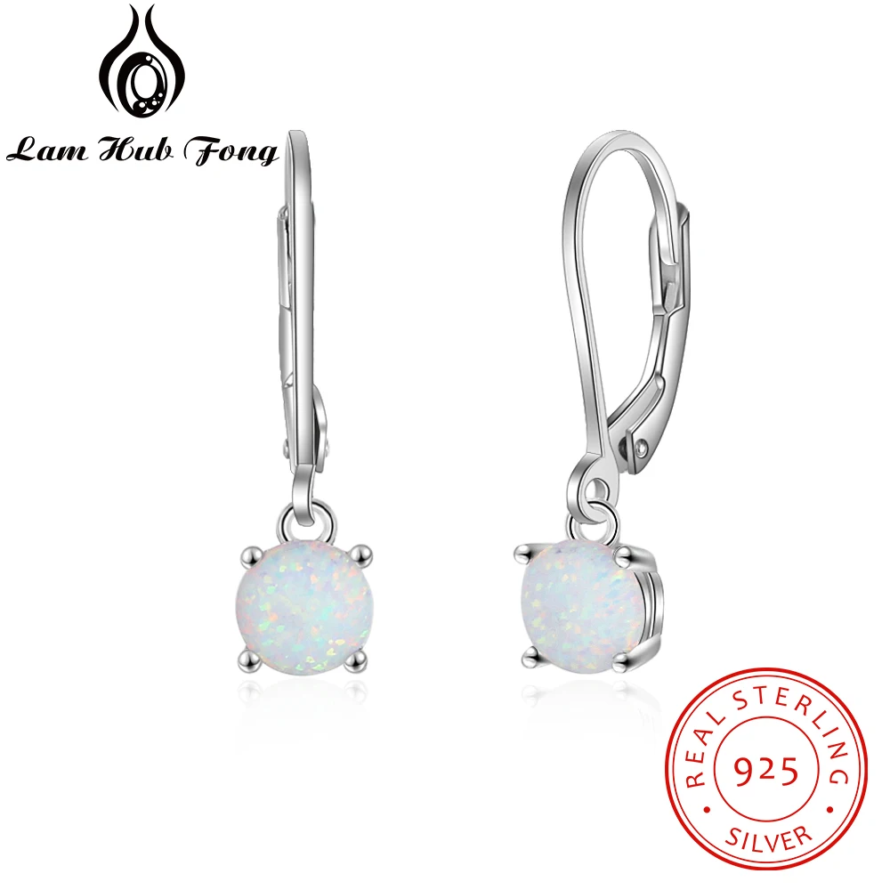 925 Sterling Silver Hoop Earrings for Women Charm Created Round White Fire Opal Earrings Trendy Fine Jewelry (Lam Hub Fong)