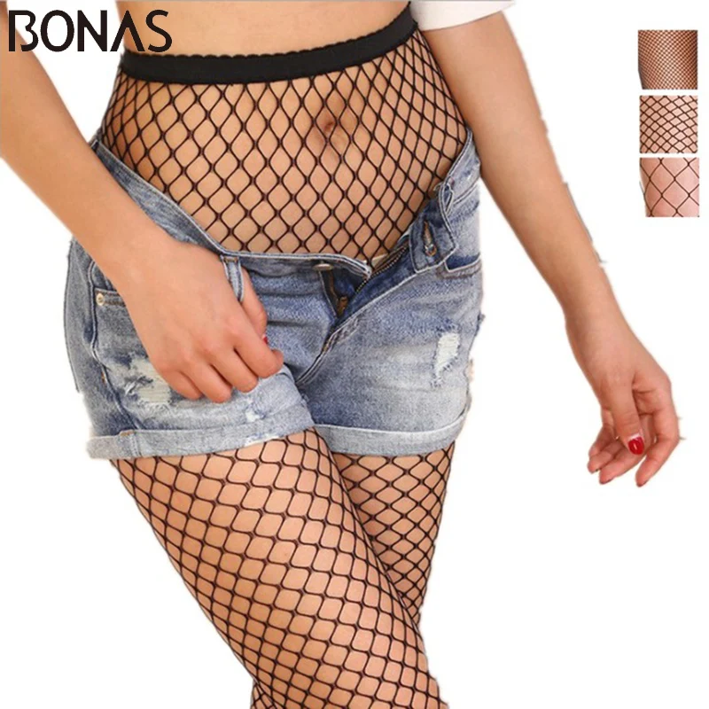 BONAS Black Nylon Fishnet Tights for Women, Small, Middle, Big Mesh, Sexy Pantyhose, Breathable Stockings, Hollow Female