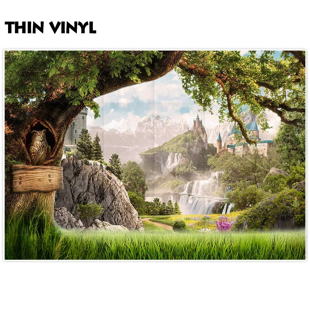 Funnytree fotografia photocall zamek góra drzewo drewno kraina czarów sowa natura użytki zielone fantasy backdrops zdjęcie tło