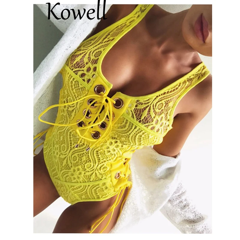 Kowell 2018 Mới Thời Trang Sexy Nữ Spandex Ren Chất Liệu Slim Bodysuits Không Tay Bandage Bodycon Bodysuits