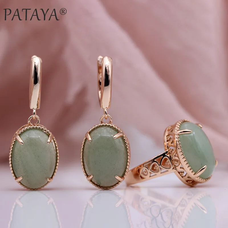 PATAYA New Moonstone Natural Stone Sets Women Wedding Hollow Fine Fashion Jewelry Set 585 Rose Gold Color Long Earrings Rings