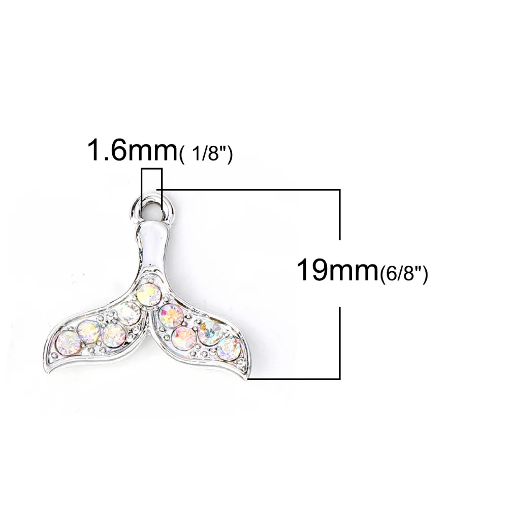 Doreen Box Zinc Based Alloy Charms Pendant Fish Whale Tail Gold AB Silver Color Rhinestone 20mm( 6/8