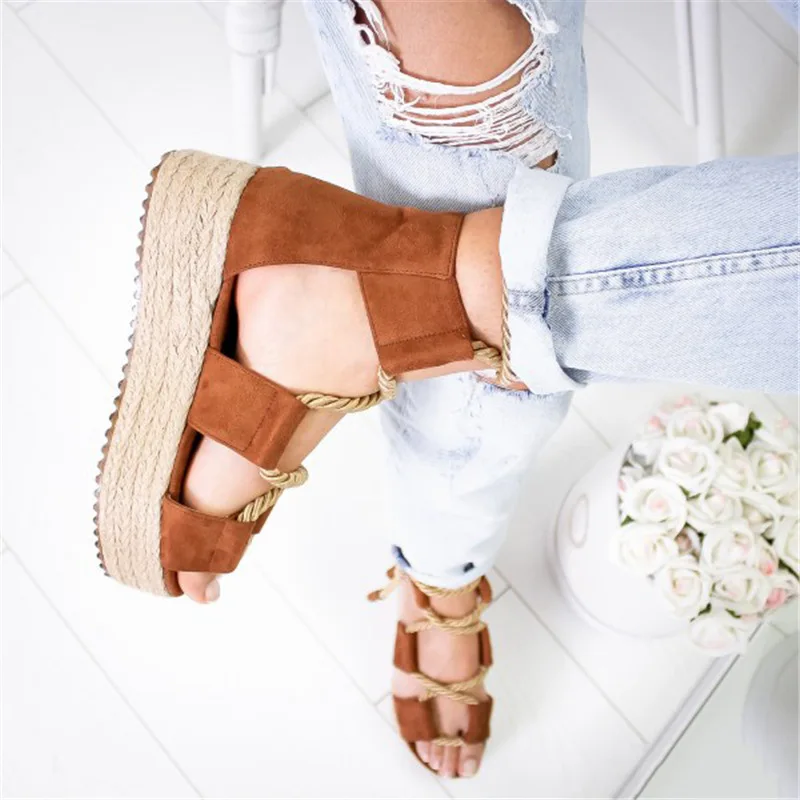 CuddlyIIPanda Plus Size 35-43 Women Sandals Hemp Rope Woven Rome Gladiators Candy Color Wedge Shoes Clunky Heels Sandalias Mujer