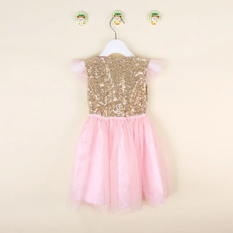 Cute Retail Baby Summer Dress Little Girl Gold Sequin Top with Pink Glitter Tulle Stitching Tutu Dress Kids Party Princess Dress