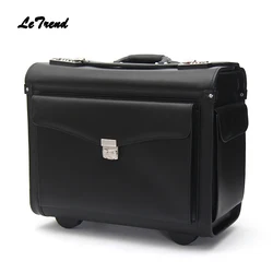 Letrend Genuine Leather Pilot Rolling Luggage Casters Cabin Wheel Suitcases Captain Travel Bag 18 inch Business Carry On Trolley