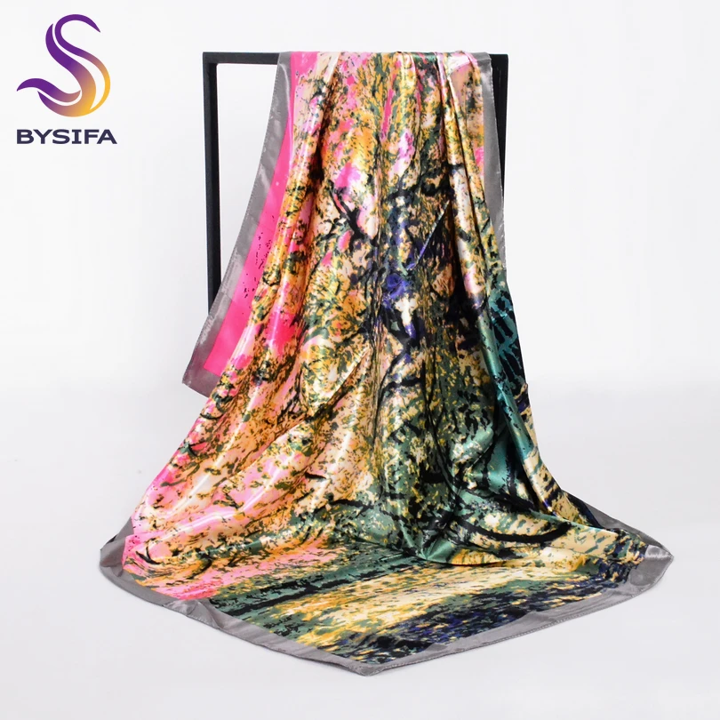 [BYSIFA] Brand Ladies Scarves Wraps 90*90cm Apparel Accessories Satin Silk Scarf Shawl Popular Muslim Headscarves Black Grey