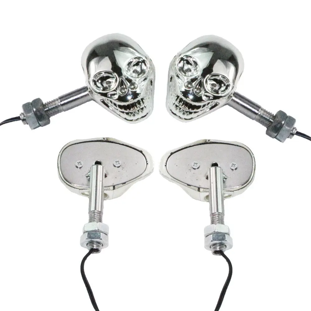 4x LED Universal Motorcycle Chrome Skull Turn Signal Indicator Blinker Amber Light Lamp Dual Sport bike Cruiser Bobber