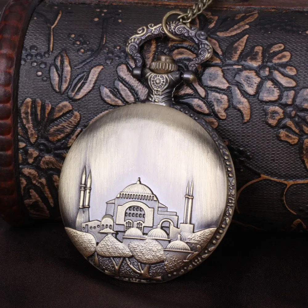 

8027 Islamic Castle Unique Pocket Watch Bronze Engraved Design Exquisite Casual Men Women Fob Fashion Gift Chain Pedant