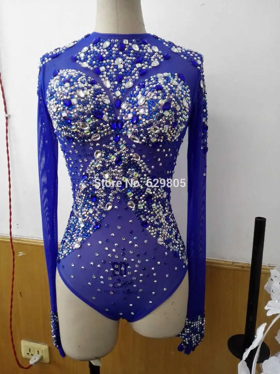 Sparkly Blue Rhinestone Sexy  Outfit Dance Wear Birthday Party Costume Stage Clubwear Leotard Clothing