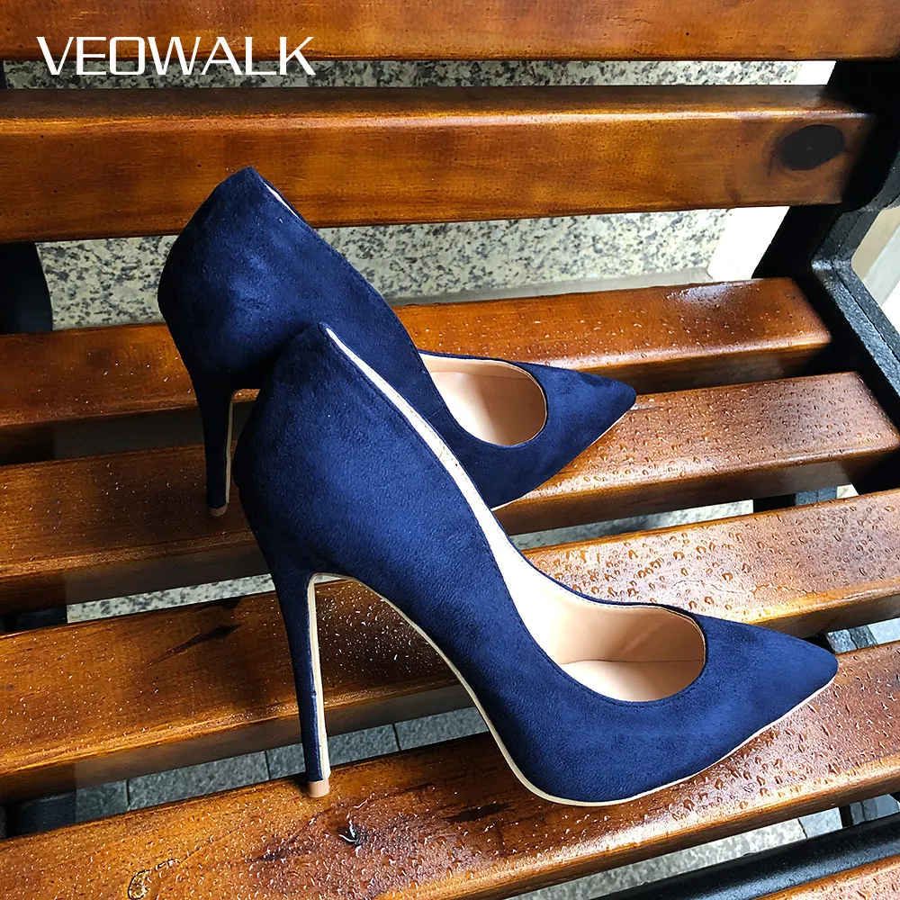 Veowalk Navy Blue Women Synthetic Suede High Heels Pointed Toe Slip on OL Ladies Stiletto Pumps 8 10 12cm Fashion Wedding Shoes