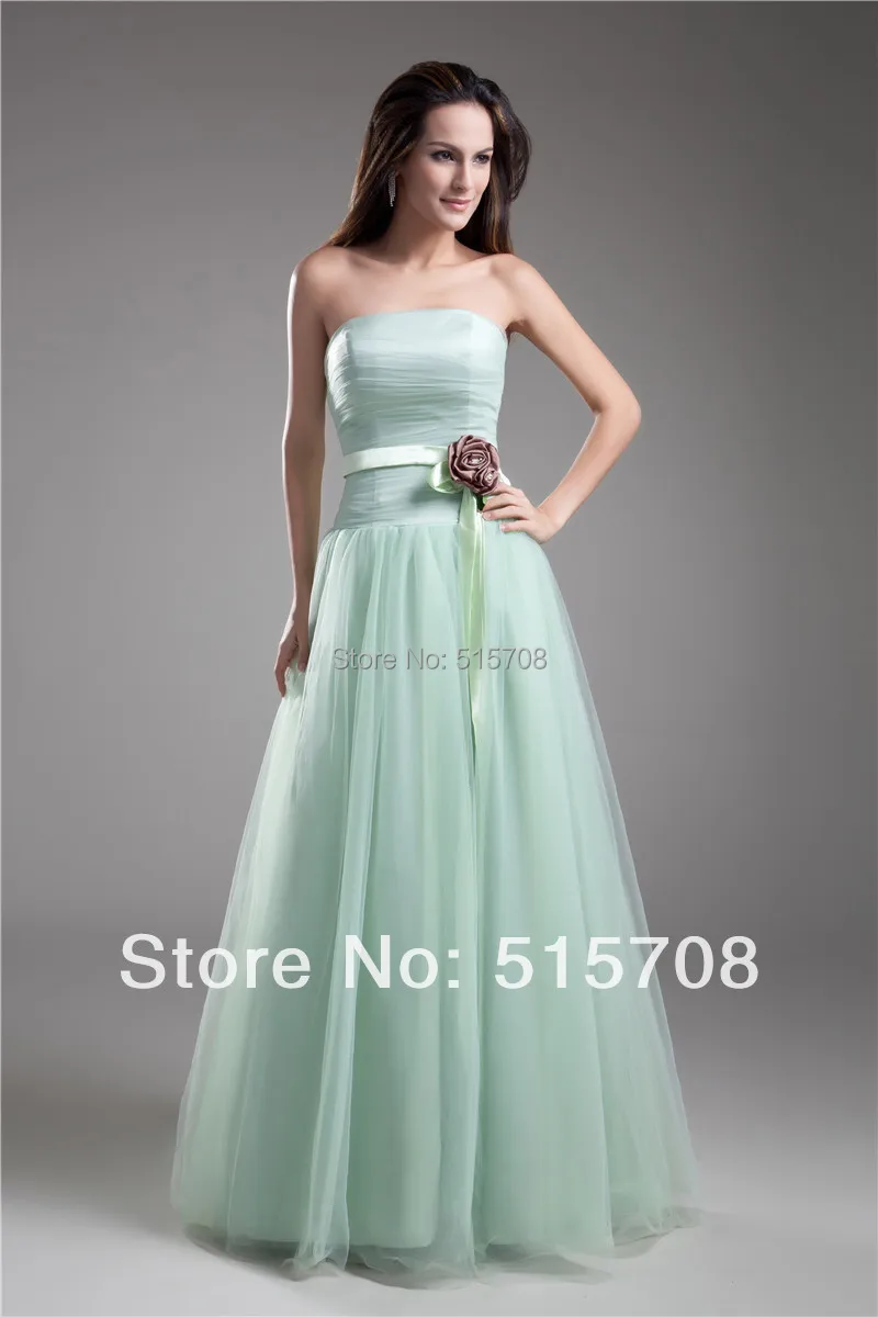 Vestido de baile de graduación Formal, sin tirantes ligero, color verde, fajín de flores, personalizado, envío gratis