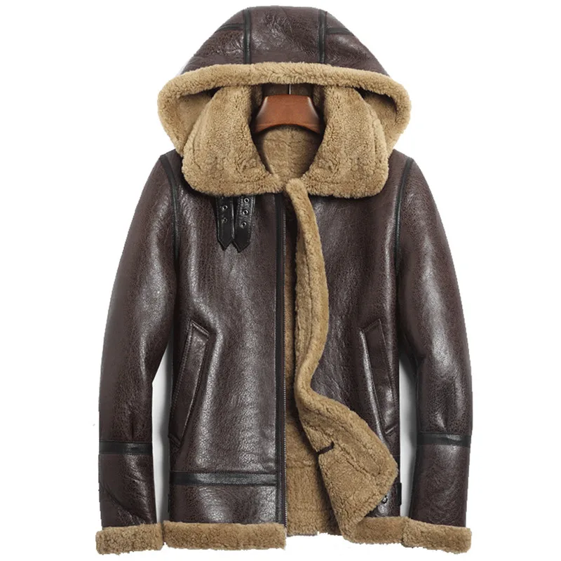 

Denny&Dora Hooded Brown Shearling Jacket Mens Aviator b3 Sheepskin Jacket