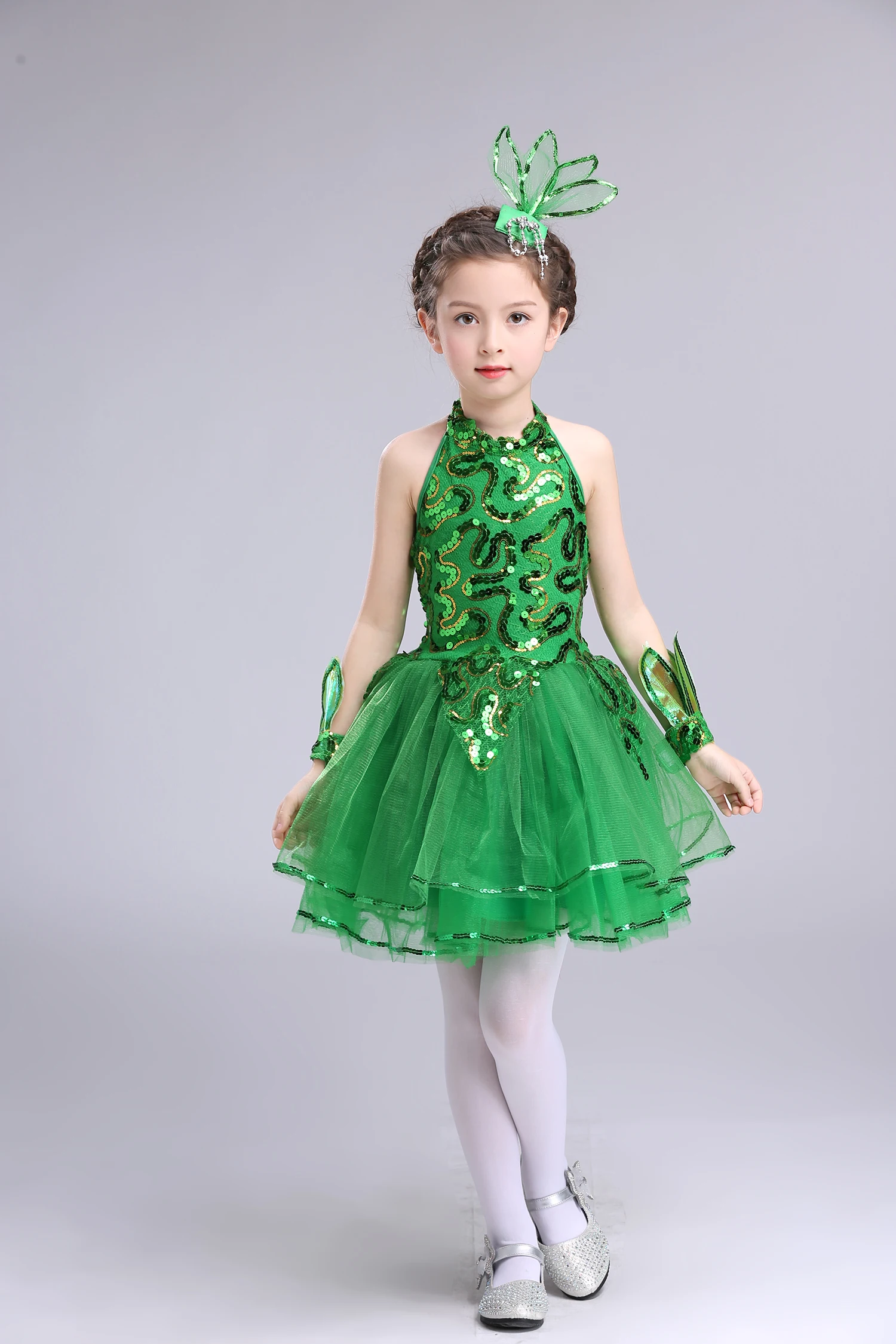 Kinder Latin Gras Leistung Kleidung Grün Puffy Prinzessin Kleid Mädchen Jasmin Chor Anzug Moderne Dance Ballett Kleid