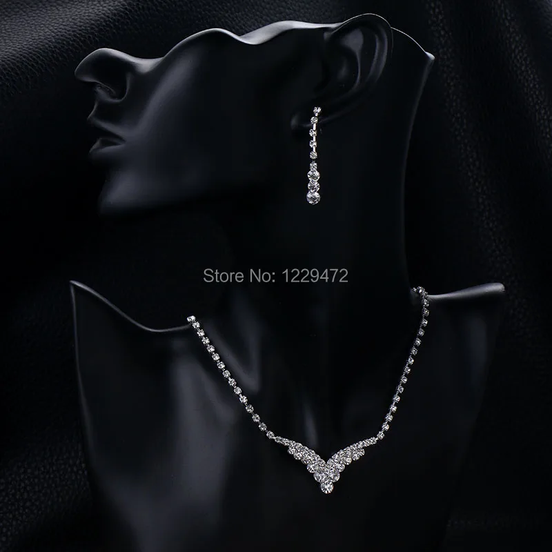 TREAZY Fashion V Shape Rhinestone Crystal Wedding Bridal Jewelry Set Silver Color Necklace Earrings Set For Women Accessories
