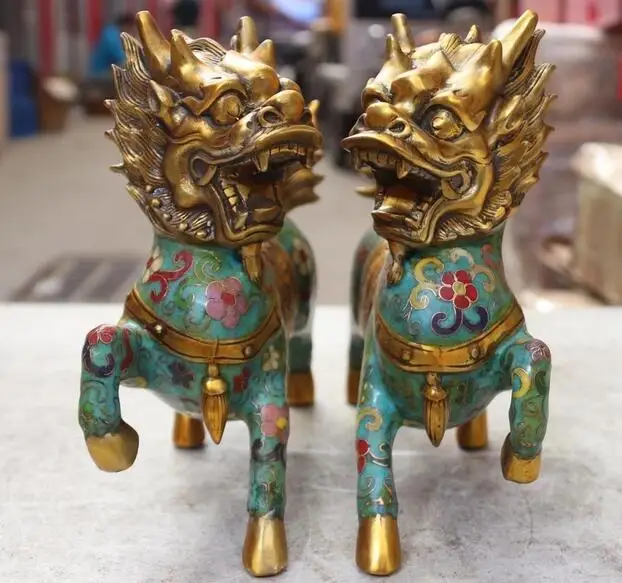 19cm China Copper Bronze Cloisonne Enamel Brave Troops Kylin Statue Pair