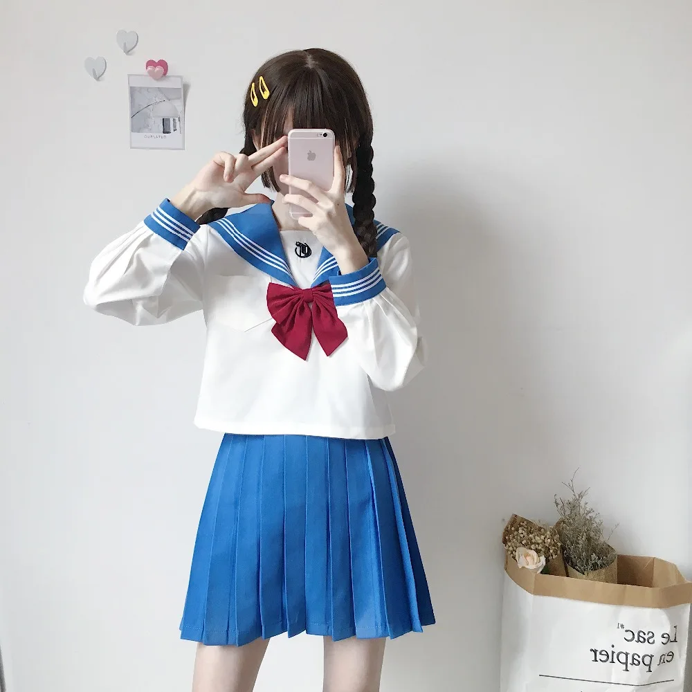 Japanese School Uniform For Girls Sailor Tops+Tie+Skirt Navy Style Students Clothes For Girl Plus size Lala Cheerleader clothing