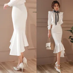 TIYIHAILEY New Fashion Long Mid-calf Skirt For Women Plus Size XS-3XL Mermaid Style Stretch Ladies Black And White Skirt
