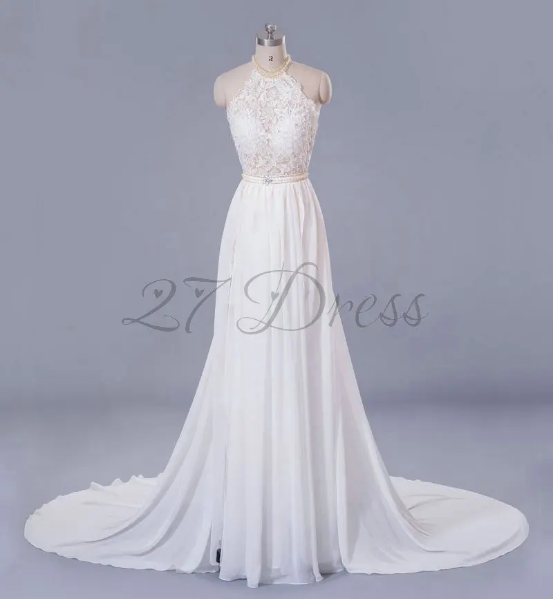 Romantic Ivory Lace Vestido de Noiva Beaded Sexy Backless High Low Beach Vintage Wedding Dress Chiffon Robe de Mariage