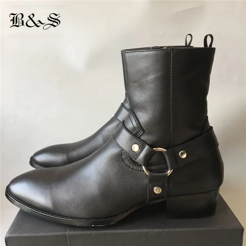 

Black& Street Real Picture pointed Toed genuine Leather buckle strap Cow Leather Wedge Men Boots handmade slim fit real picture