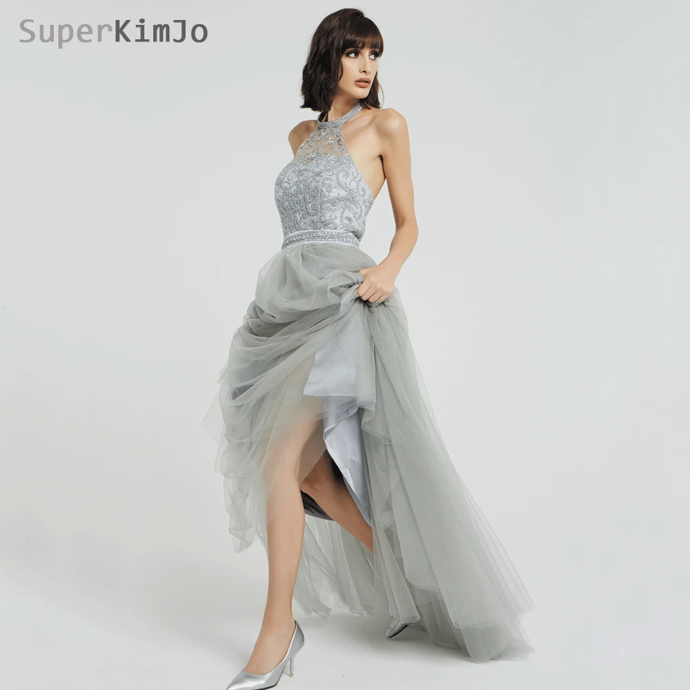 Superkimjo halter frisado vestidos de baile 2019 vestido de formatura longo sem costas sexy cinza vestido de baile elegante