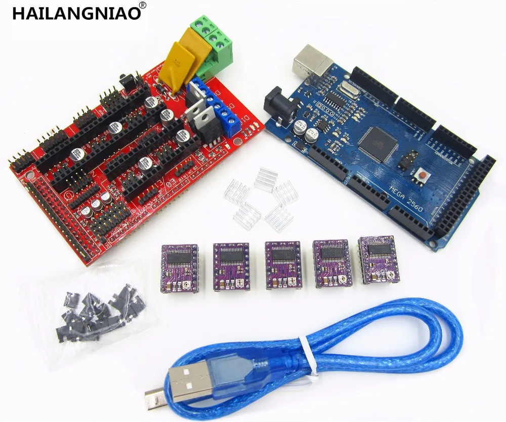 3D принтер 1 шт. Mega 2560 R3 + 1 шт. RAMPS 1,4 панель управления + 5 шт. DRV8825 шаговый двигатель привод Перевозчик Reprap