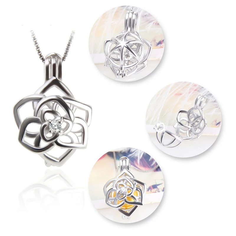 CLUCI 925 Sterling Silver Beautiful Flower Charms Pendant Women Jewelry Real Silver 925 Flower Pearl Cage Locket SC310SB