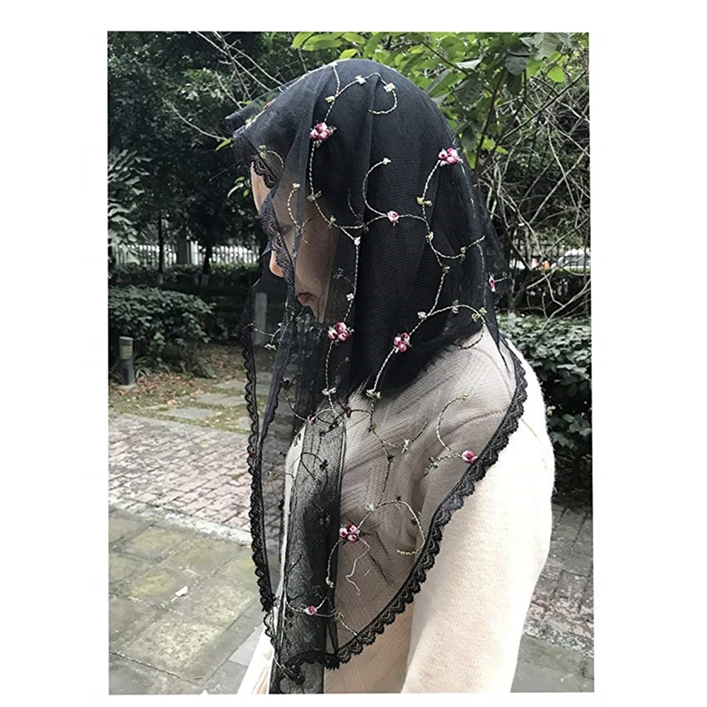 아이보리 블랙 레이스 정통 베일 헤드 커버 자수 꽃 가톨릭 채플 만틸라 베일, Mantilla de Novia Negra