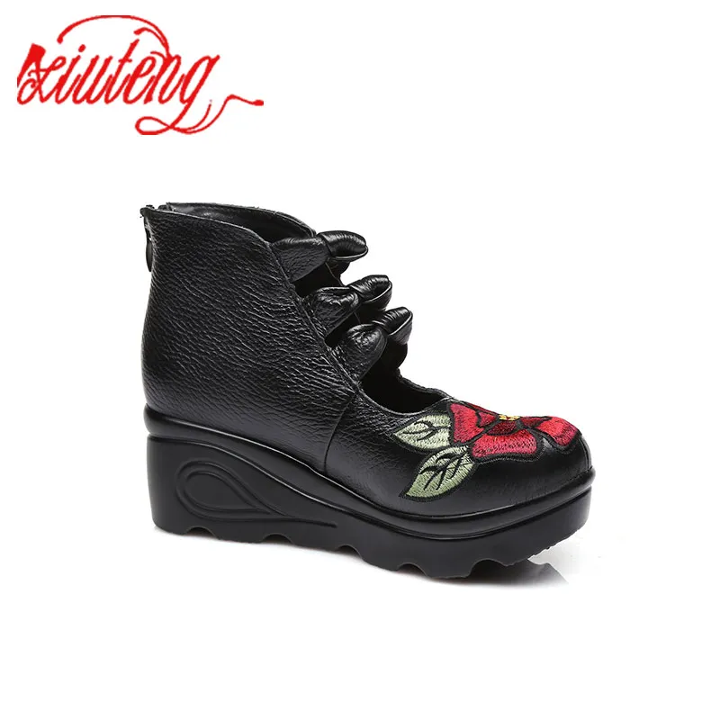 Xiuteng 2022 Women Flower andals Shoes Slope Casual Leather Shoes Fashion  Embroidered Ladies Vintage Waterproof Platform Shoes