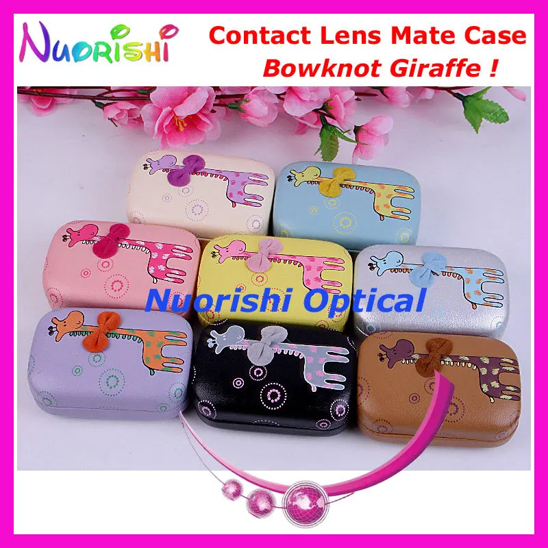 10pcs Bowknot Giraffe design Contact Lens Case with Mirror C803 contact lens mate box Free Shipping