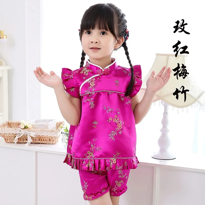 2021 New Summer Floral Qipao Children's Sets New Year Chinese Dresses Short Pants Cheongsam