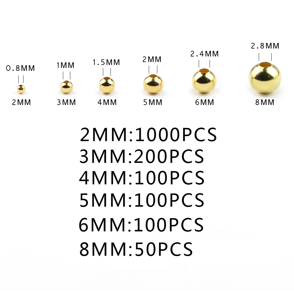 JHNBY cuentas de Metal chapadas en oro, espaciador de hierro redondo, cuentas sueltas para pulseras de joyería, fabricación de collares, accesorios de bricolaje, 2 MM, 3 MM, 4 MM, 5 MM, 6 MM, 8MM