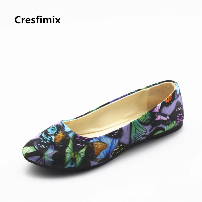 Cresfimix zapatos de mujer women fashion spring & summer blue pattern flat shoes lady cute pu leather pointed toe flats a254