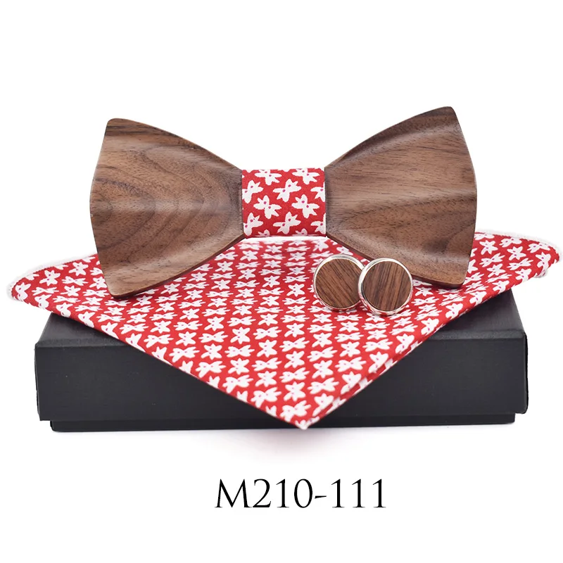 Wood Bow Tie Set Cravat Wooden Box Cufflinks Bowtie Plaid Handkerchief Pocket Square Men Wedding Suit Shirt