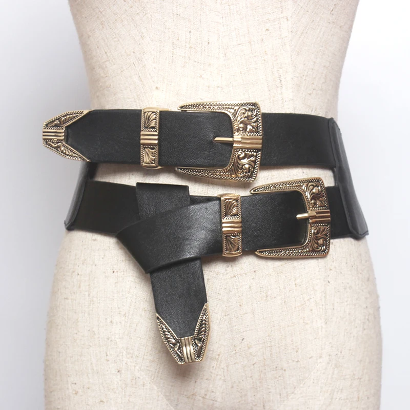 

Fashion Female Vintage Strap Metal Pin Buckle Casual dress accessories double Buckle Designer Leather Belt For Women