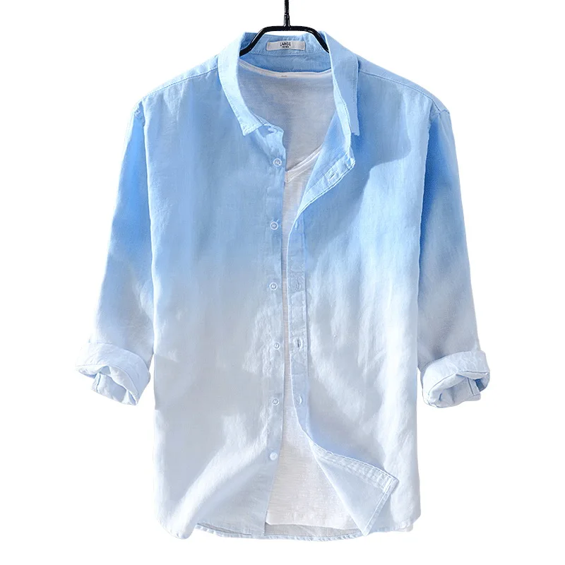 Camisa de lino puro para hombre, Camisa informal de marca, manga de tres cuartos, color azul degradado, a la moda, nuevo diseño