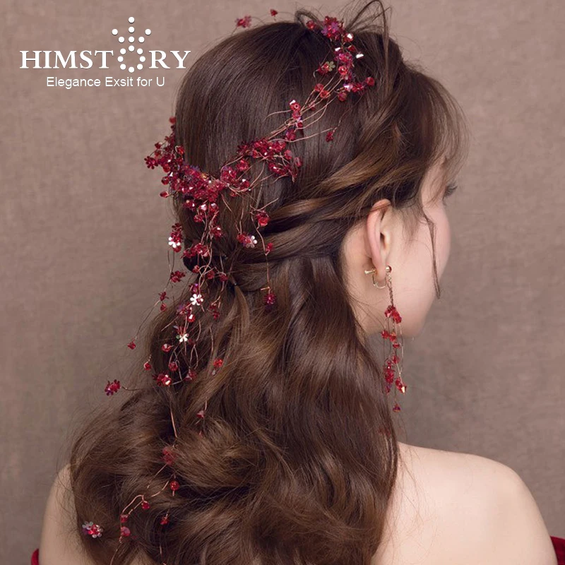 Himstory Elegance REd Beads Wedding Hair Vine Bridal Diamante Headbands Decor Bridal Hair Band Headwear Hair Accessories