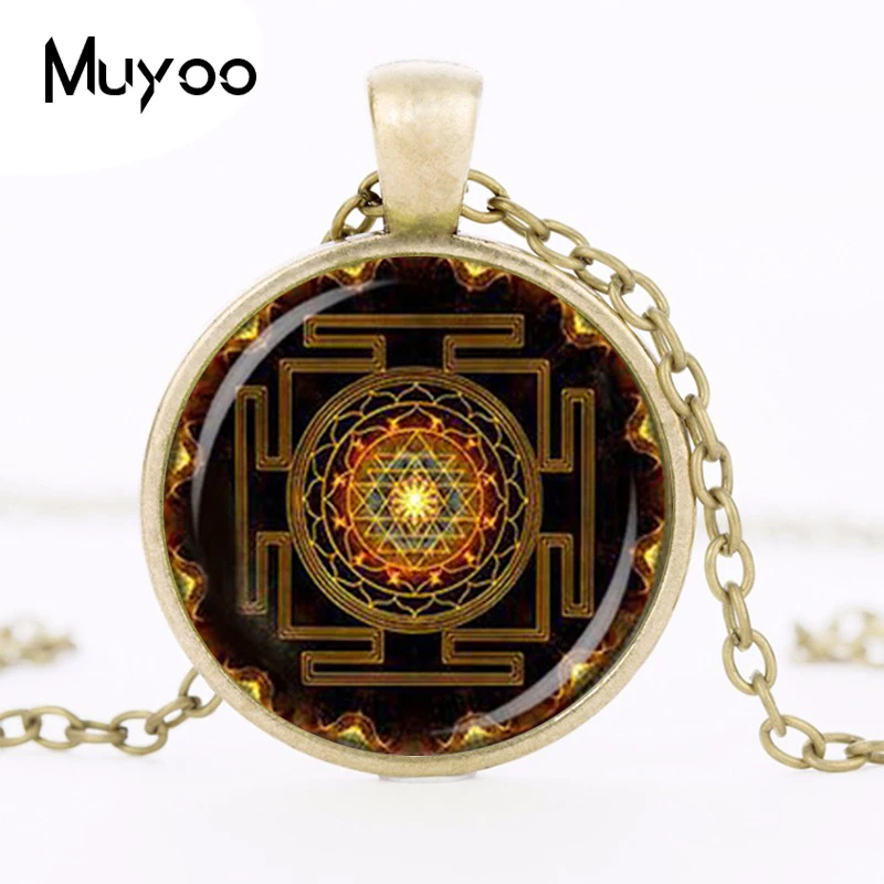 Steampunk Sri yantra mandala Glass Dome Pendant Necklace DIY Handmade Fashion Buddhist Sacred Geometry Jewelry Charm Trendy HZ1
